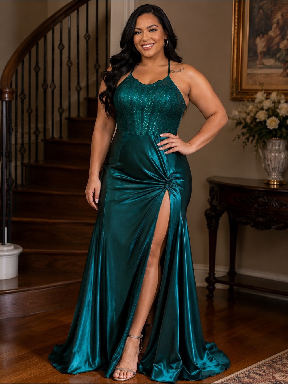 Loragal Emerald Satin Evening Gown with Sparkle Bodice